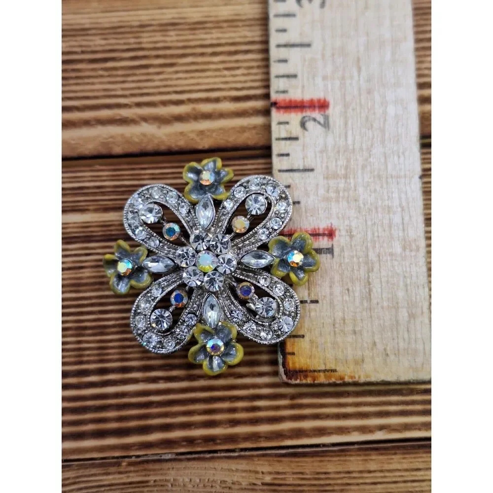 Vintage Rhinestone Brooch With Enamel Flowers Silver Tone 1.5